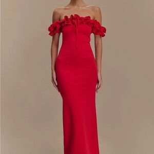 Meshki Ruffle Off Shoulder Maxi Dress - Ruby